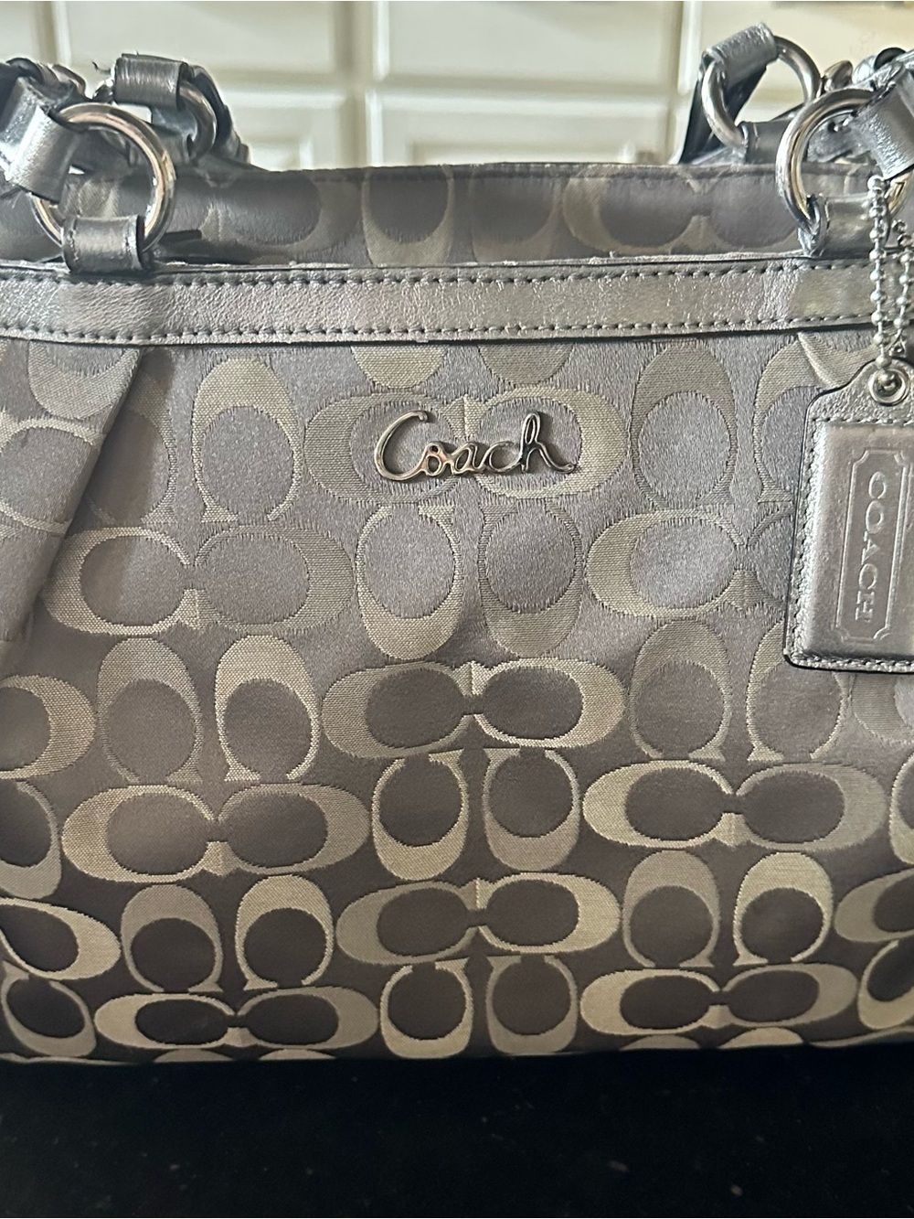 ✨AUTHENTIC✨ Coach Signature Monogram Satin Signature Shoulder Bag Gray/Silver - Picture 2 of 11